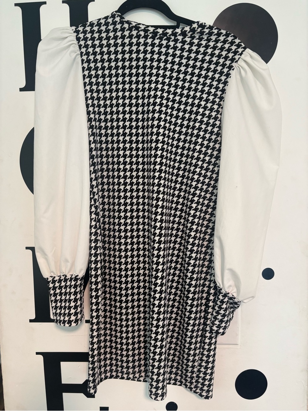 SHEIN Black & White Houndstooth Puff-Sleeve Long Sleeve Dress